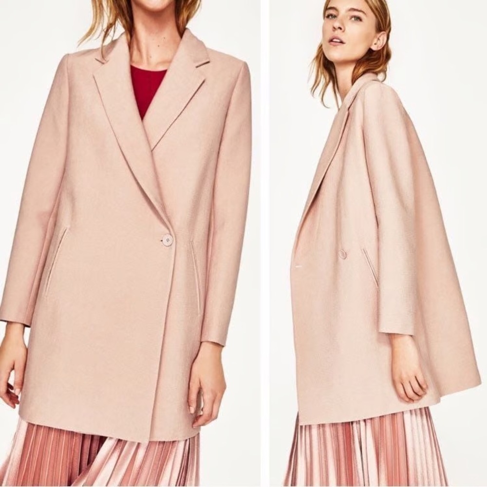 NWT Zara Women’s Light Pink Nude Double Breasted Textured Coat - Picture 2 of 16